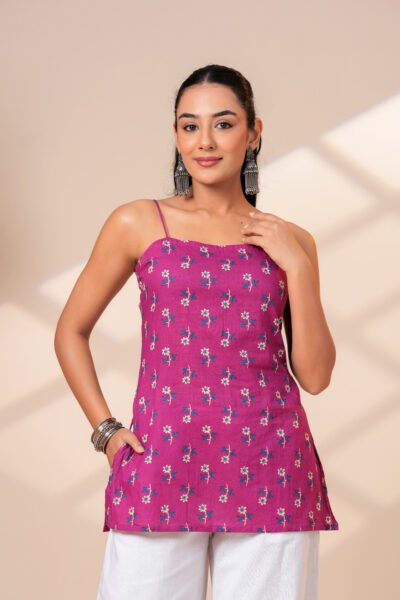 Women Fuchsia Pink Floral Printed Cotton Cami Short kurti with Lace-Up Back
