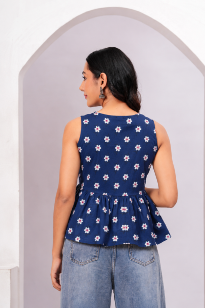 Bolbo Navy Blue Floral Printed Cotton Peplum Top