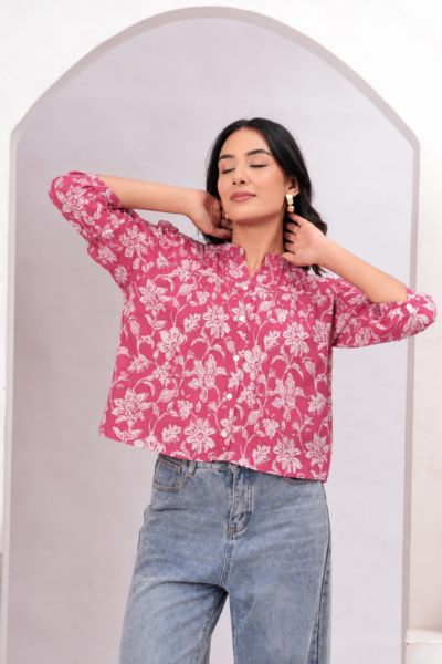 BOLBO Women Pink Floral Printed Mandarin Collar Cotton Shirt Style Top