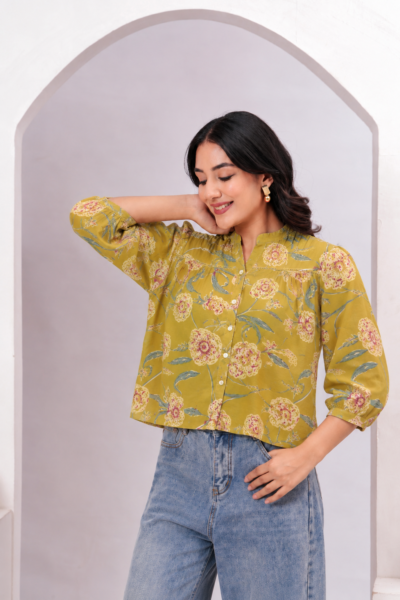 Women Mustard Yellow Floral Printed Mandarin Collar Cotton Shirt Style Top