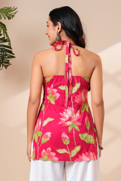 Red Floral Printed Halter Neck Sleeveless Cotton Short Kurti