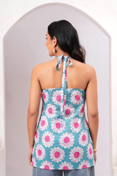 Blue Floral Printed Halter Neck Sleeveless Cotton Short Kurti