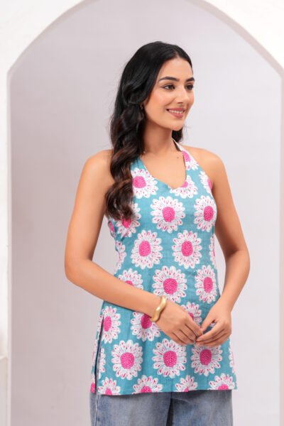 Blue Floral Printed Halter Neck Sleeveless Cotton Short Kurti