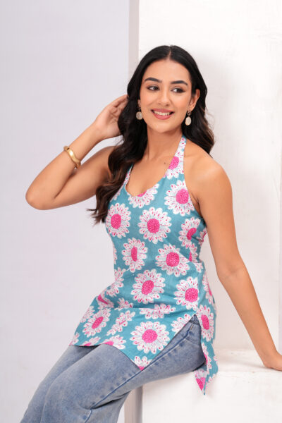 Blue Floral Printed Halter Neck Sleeveless Cotton Short Kurti