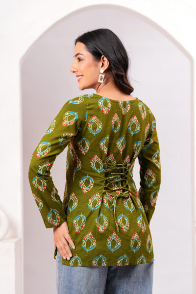 Olive Green Ethnic Motif Printed Square Neck Full Sleeve Cotton Short Kurti