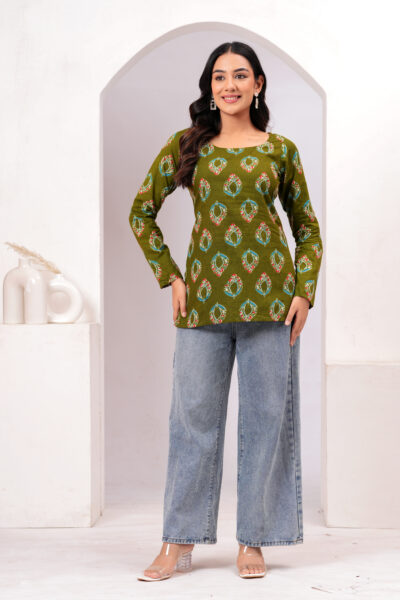 Olive Green Ethnic Motif Printed Square Neck Full Sleeve Cotton Short Kurti