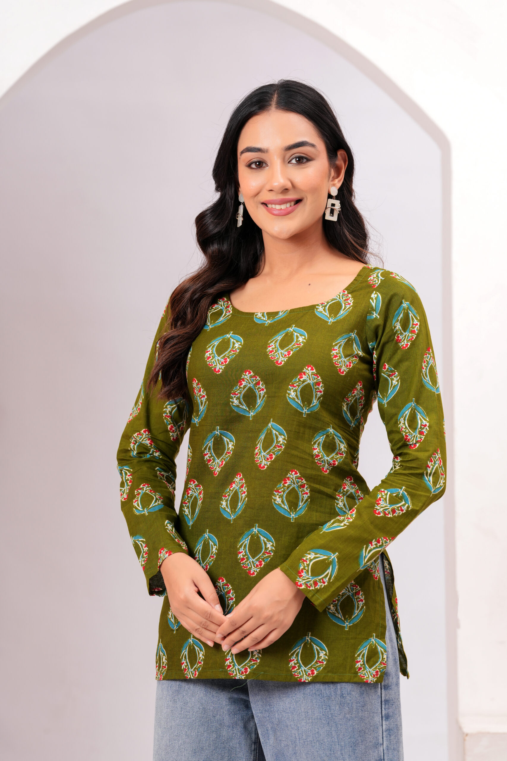 Olive Green Ethnic Motif Printed Square Neck Full Sleeve Cotton Short Kurti - Image 5