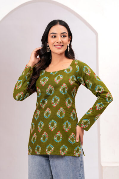 Olive Green Ethnic Motif Printed Square Neck Full Sleeve Cotton Short Kurti