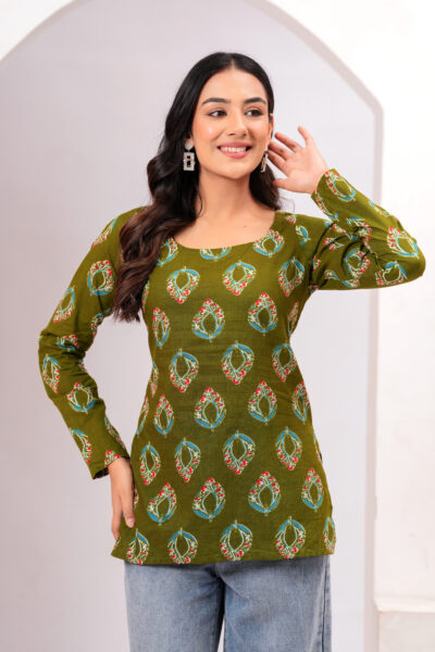 Olive Green Ethnic Motif Printed Square Neck Full Sleeve Cotton Short Kurti