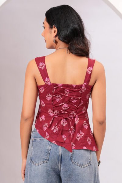 Maroon Ethnic Motif Printed Square Neck Sleeveless Cotton Short Kurti