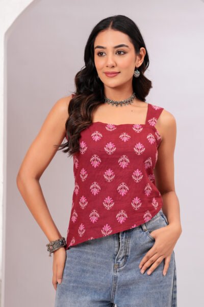 Maroon Ethnic Motif Printed Square Neck Sleeveless Cotton Short Kurti