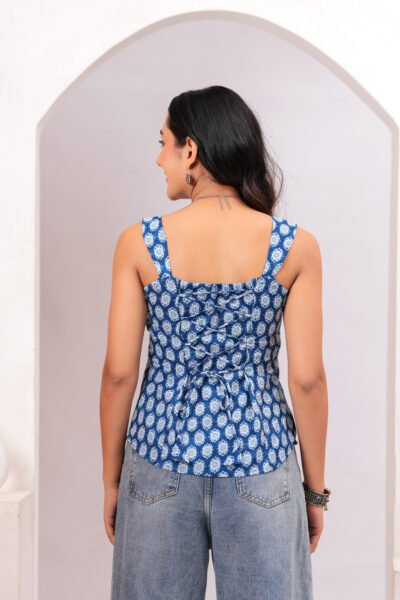 Women Blue Printed Sleeveless Cotton Short Kurti with Lace-Up Back
