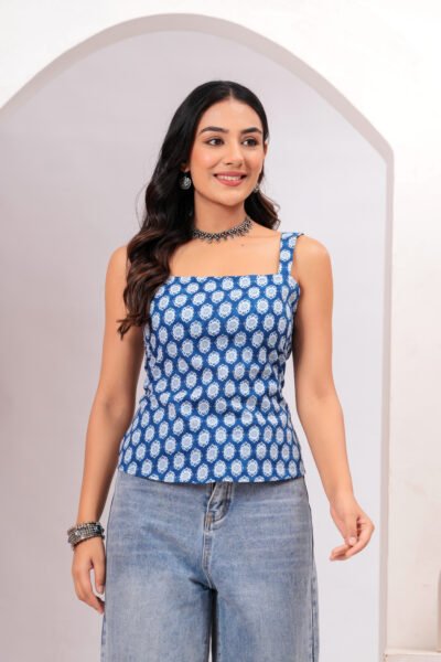 Women Blue Printed Sleeveless Cotton Short Kurti with Lace-Up Back