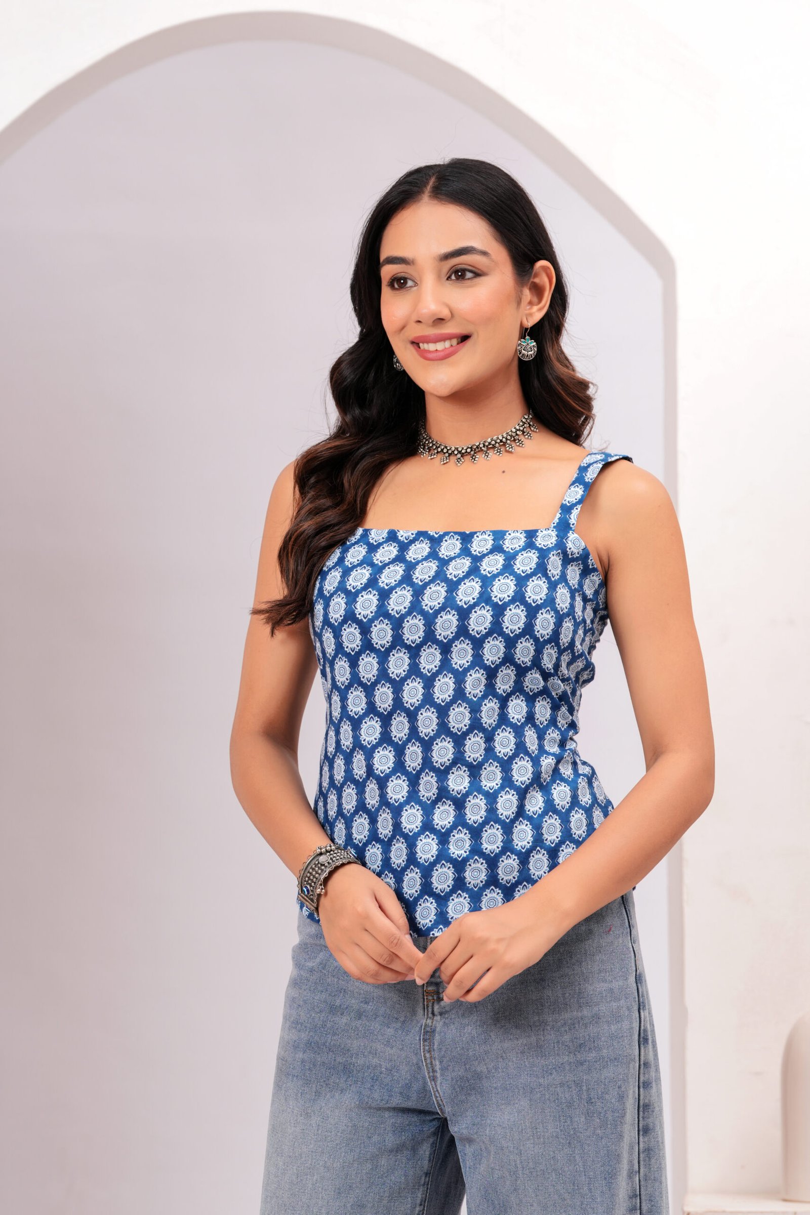 Women Blue Printed Sleeveless Cotton Short Kurti with Lace-Up Back - Image 5