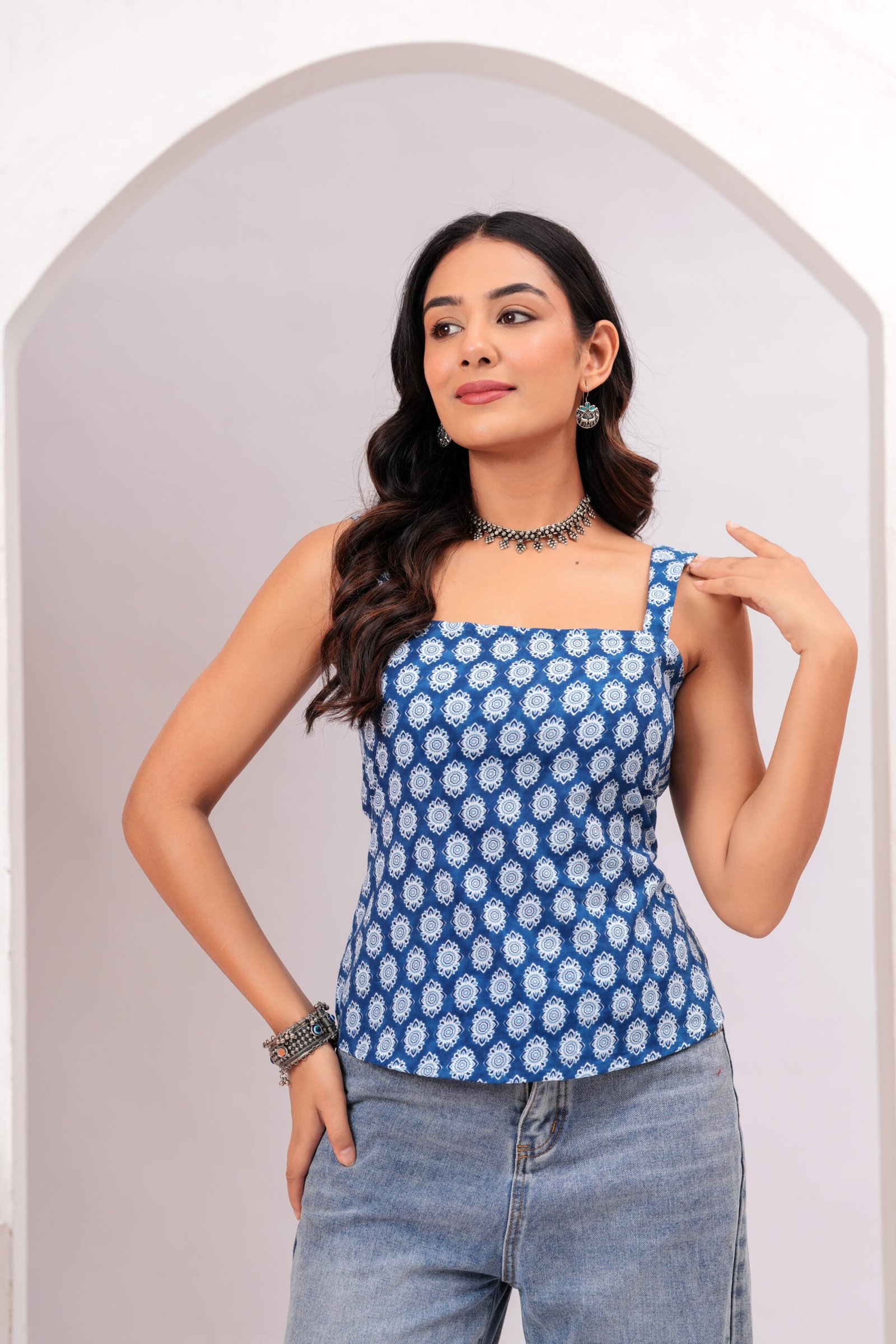 Women Blue Printed Sleeveless Cotton Short Kurti with Lace-Up Back - Image 4