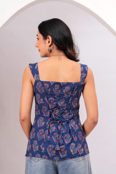 Women Navy Blue Printed Sleeveless Cotton Top with Lace-Up Back