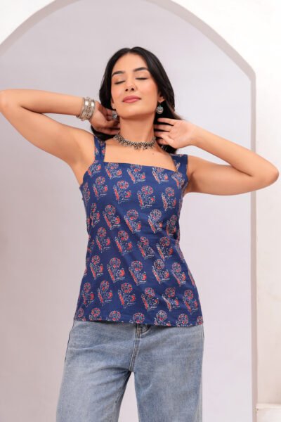 Women Navy Blue Printed Sleeveless Cotton Top with Lace-Up Back