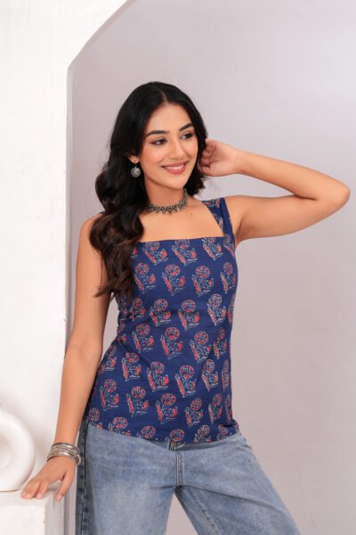Women Navy Blue Printed Sleeveless Cotton Top with Lace-Up Back