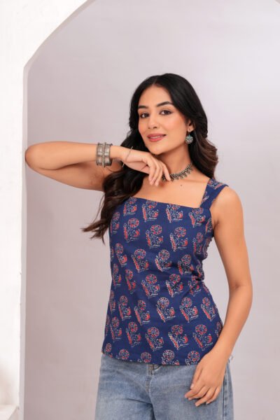 Women Navy Blue Printed Sleeveless Cotton Top with Lace-Up Back