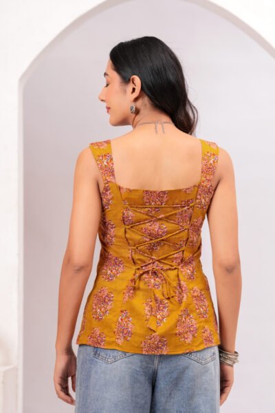 Women Mustard Printed Sleeveless Cotton short kurti with Lace-Up Back