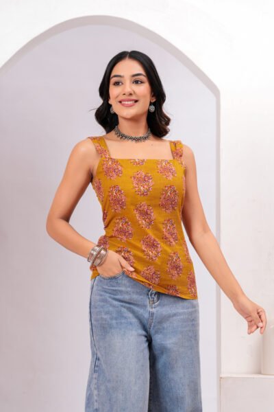 Women Mustard Printed Sleeveless Cotton short kurti with Lace-Up Back