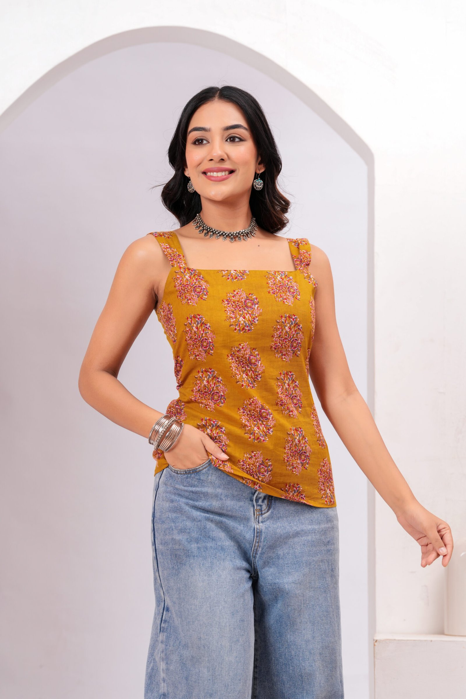 Women Mustard Printed Sleeveless Cotton short kurti with Lace-Up Back - Image 5