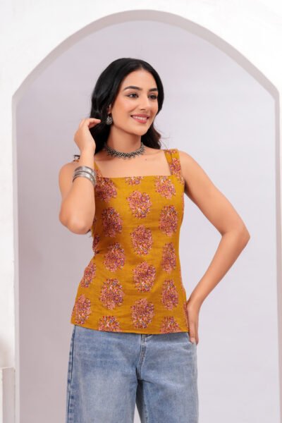 Women Mustard Printed Sleeveless Cotton short kurti with Lace-Up Back