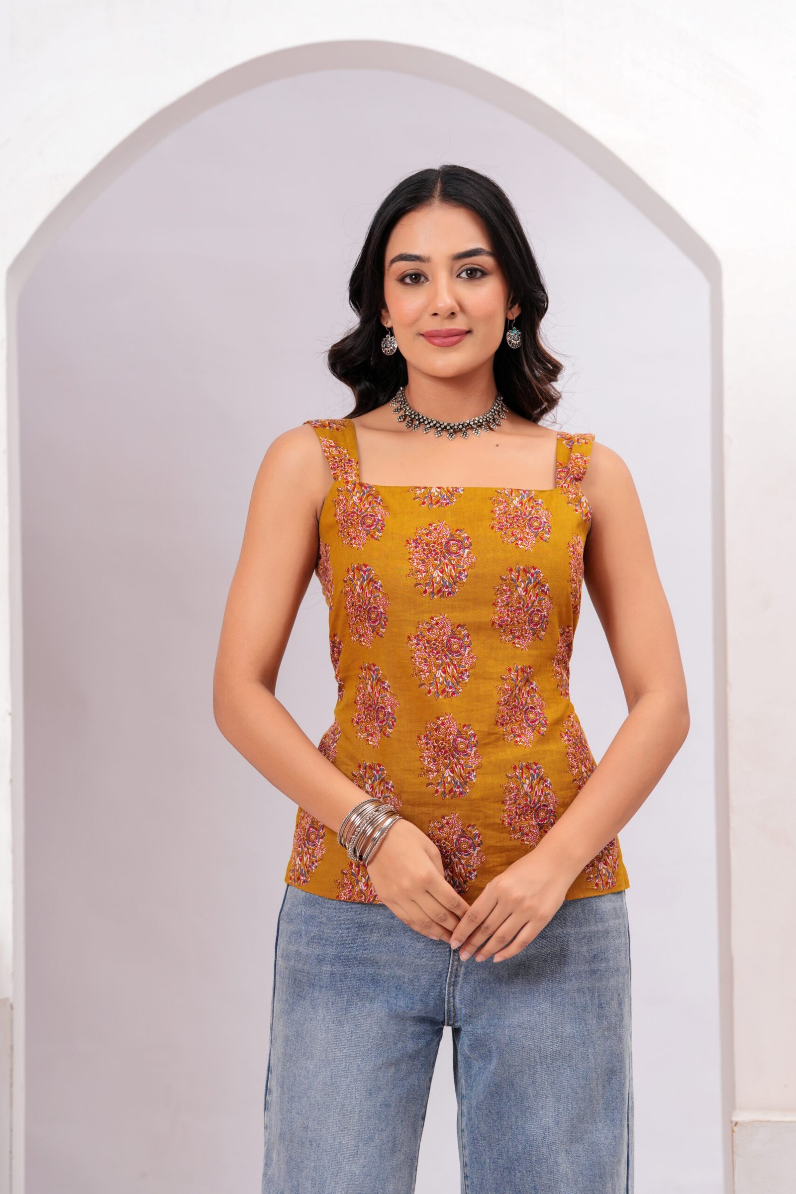 Women Mustard Printed Sleeveless Cotton short kurti with Lace-Up Back - Image 6