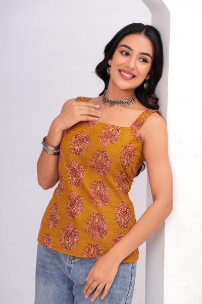 Women Mustard Printed Sleeveless Cotton short kurti with Lace-Up Back