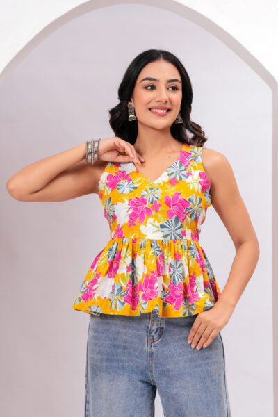 Women Floral Printed Sleeveless Peplum Top