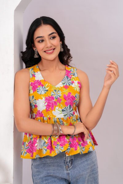 Women Floral Printed Sleeveless Peplum Top
