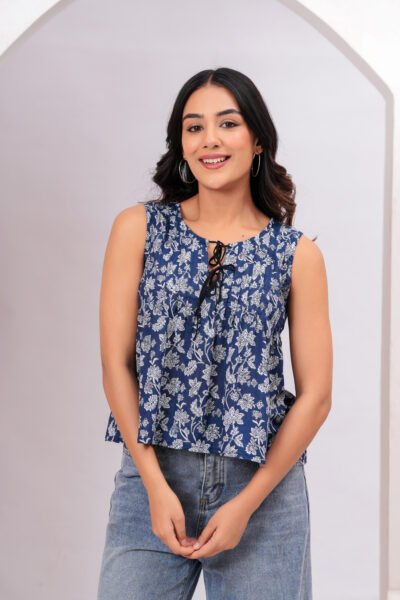 Women Blue Floral Printed Sleeveless Cotton Peplum Top