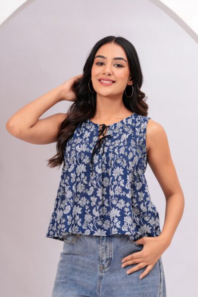 Women Blue Floral Printed Sleeveless Cotton Peplum Top