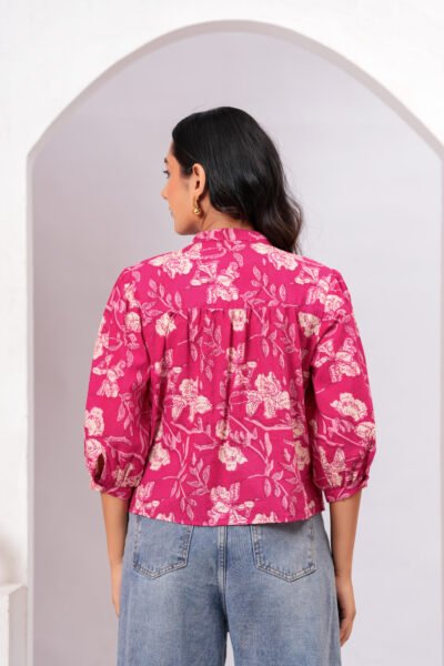 Women Pink Floral Printed Mandarin Collar Cotton Shirt