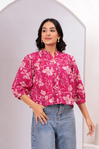 Women Pink Floral Printed Mandarin Collar Cotton Shirt