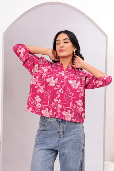 Women Pink Floral Printed Mandarin Collar Cotton Shirt