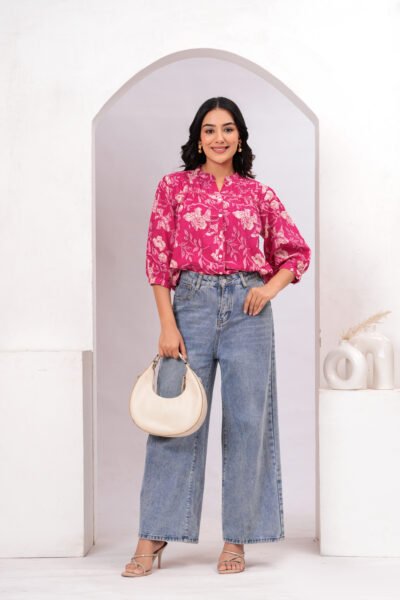 Women Pink Floral Printed Mandarin Collar Cotton Shirt