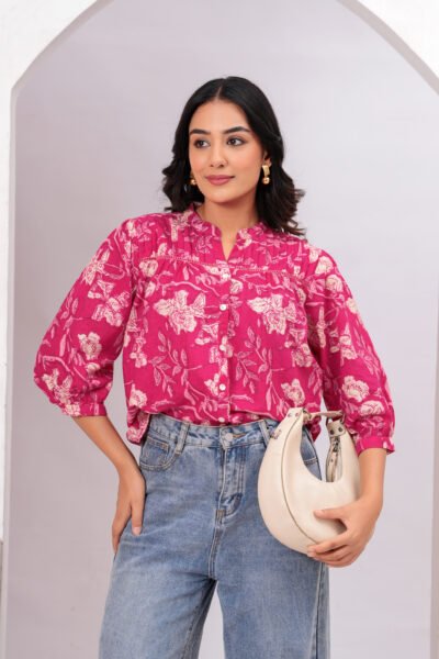 Women Pink Floral Printed Mandarin Collar Cotton Shirt