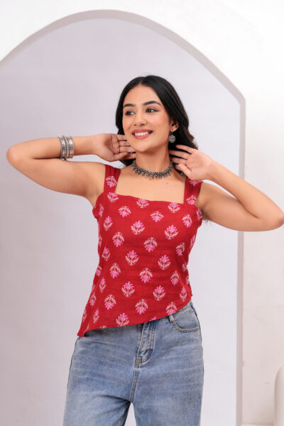 Maroon Ethnic Motif Printed Square Neck Sleeveless Cotton Short Kurti