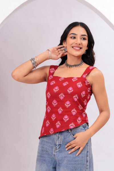 Maroon Ethnic Motif Printed Square Neck Sleeveless Cotton Short Kurti