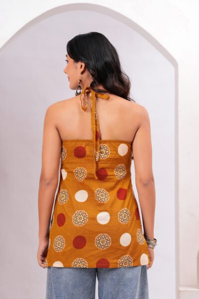 Mustard Geometric Printed Halter Neck Sleeveless Cotton Short Kurti