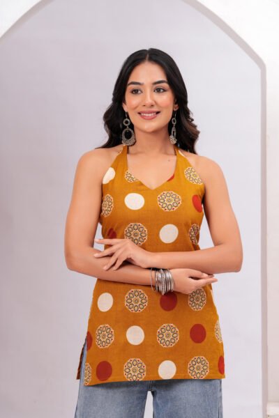 Mustard Geometric Printed Halter Neck Sleeveless Cotton Short Kurti