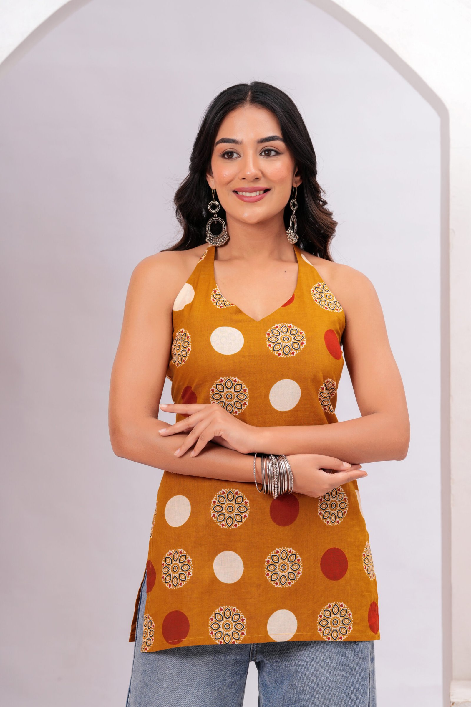 Mustard Geometric Printed Halter Neck Sleeveless Cotton Short Kurti