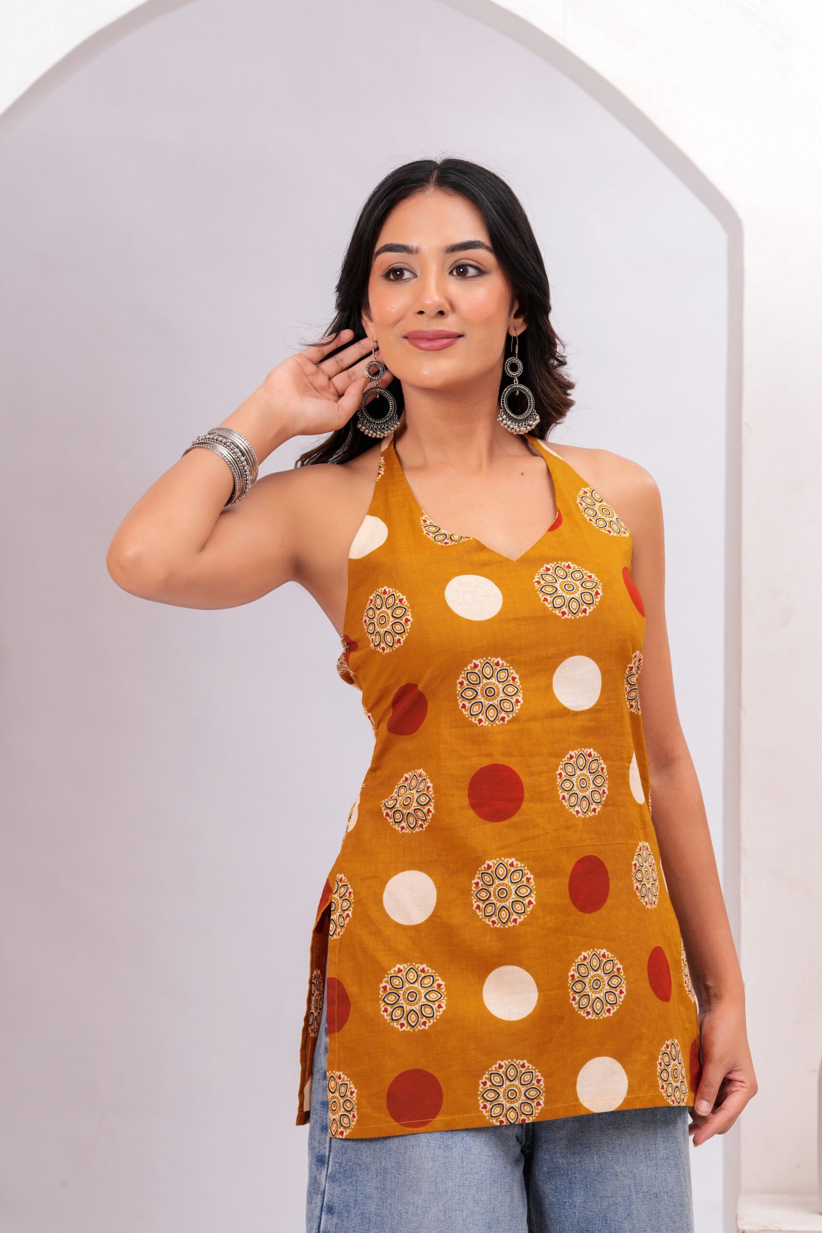 Mustard Geometric Printed Halter Neck Sleeveless Cotton Short Kurti - Image 6