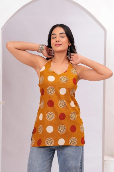 Mustard Geometric Printed Halter Neck Sleeveless Cotton Short Kurti