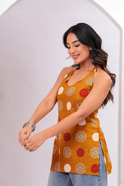 Mustard Geometric Printed Halter Neck Sleeveless Cotton Short Kurti