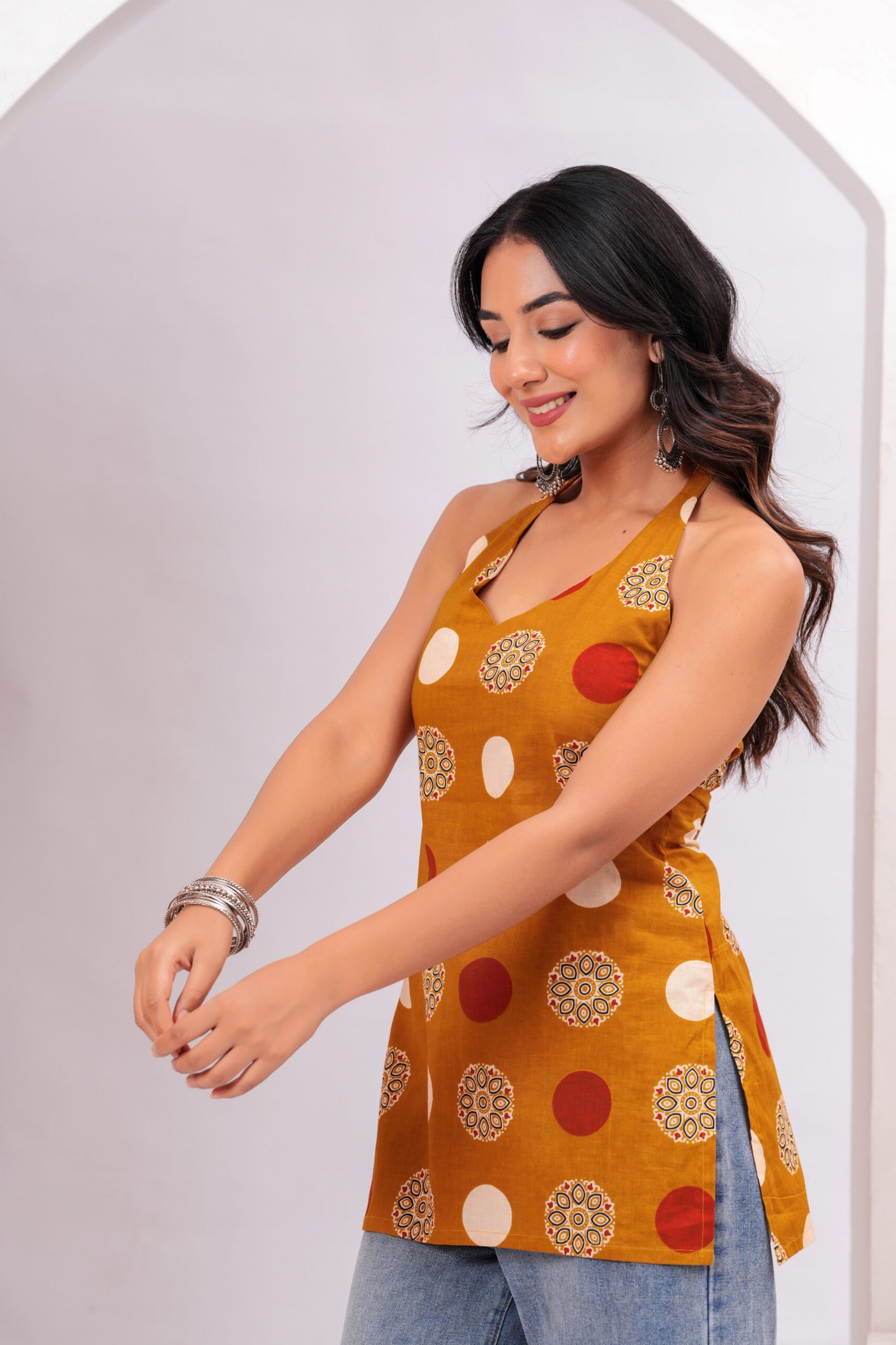Mustard Geometric Printed Halter Neck Sleeveless Cotton Short Kurti - Image 2