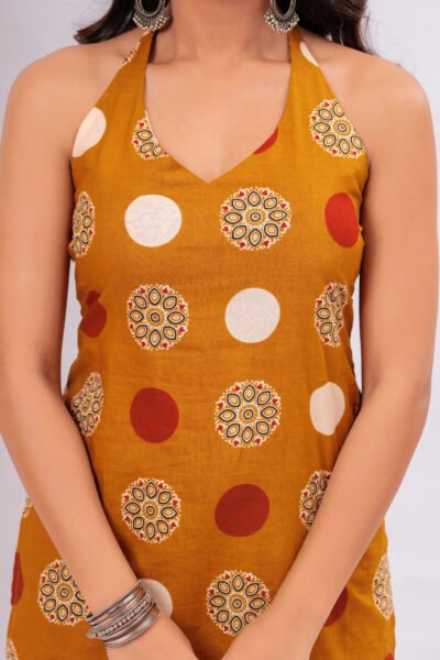 Mustard Geometric Printed Halter Neck Sleeveless Cotton Short Kurti