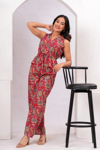 Women Red Floral Printed Sleeveless Cotton Co-Ord Set