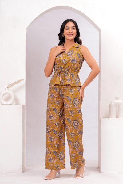 Women Mustard Floral Printed Sleeveless Cotton Co-Ord Set